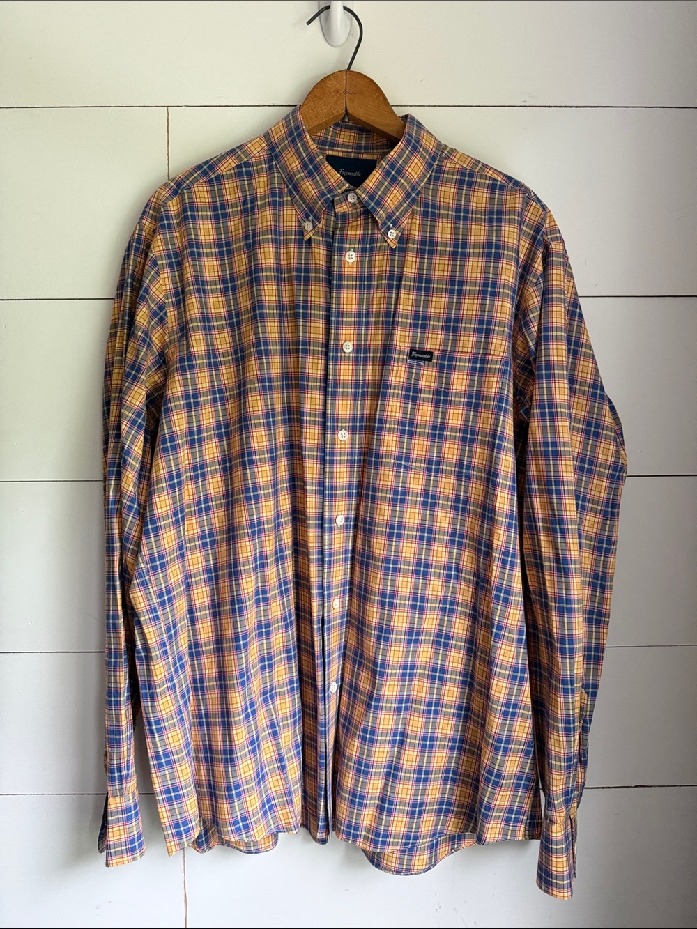Façonnable Men’s Yellow, Red, and Blue Plaid Button- Down Dress Shirt Size XL